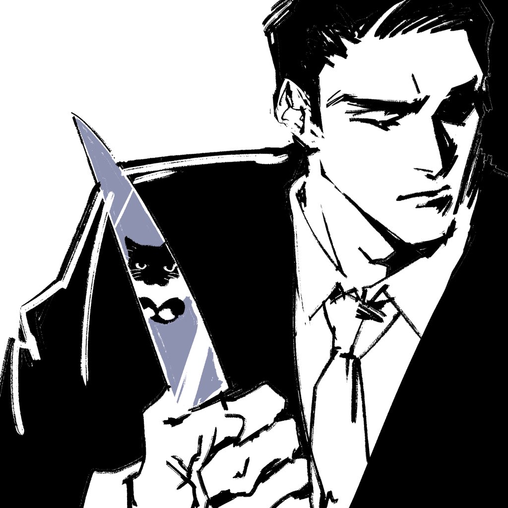 1boy, american_psycho, cat, closed_eyes, closed_mouth, collared_shirt, ghoulmuzik, greyscale