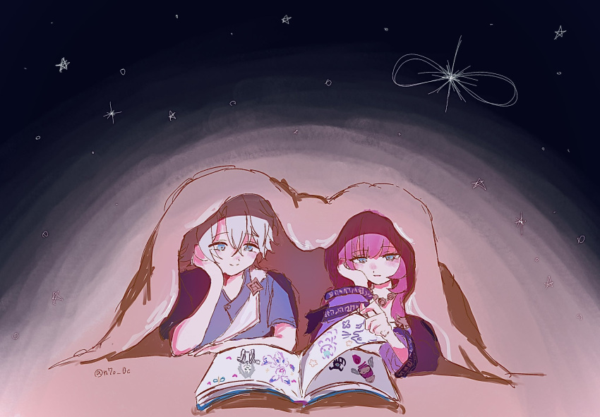 1boy, 1girl, aged_down, amphoreus_(honkai:_star_rail), blue_eyes, blue_shirt, book, coat