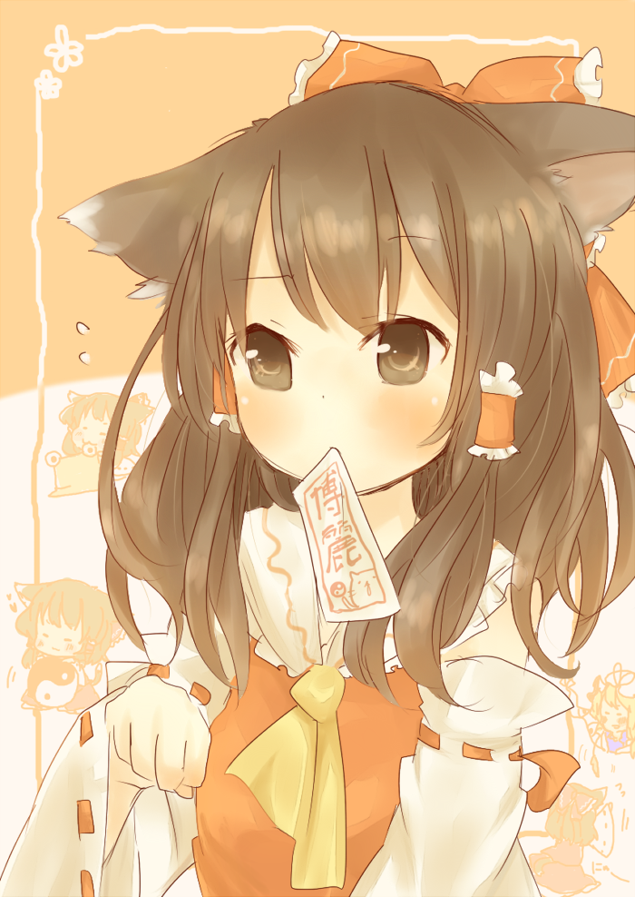 animal_ears, ascot, bare_shoulders, biting, blush, bow, brown_eyes, brown_hair
