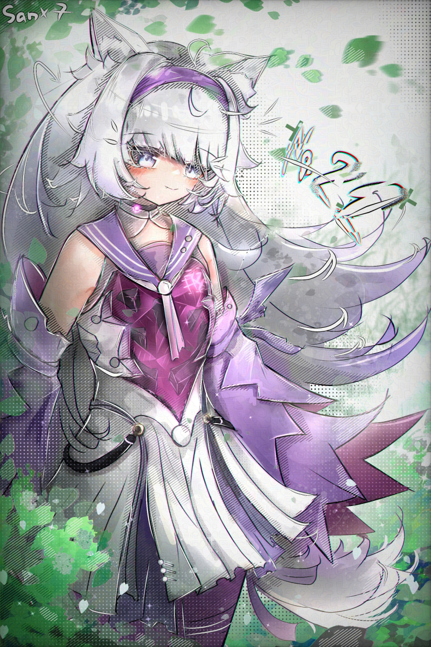 1girl, absurdres, ahoge, animal_ear_fluff, animal_ears, artist_name, bare_shoulders, character_name, closed_mouth, commentary, cowboy_shot, detached_sleeves, falling_leaves, fang, hair_intakes, hairband, highres, leaf, long_sleeves, no._21:_feral_(little_lost_nightmare)_(pgr), no._21_(pgr), official_alternate_costume, punishing:_gray_raven, purple_hairband, purple_sleeves, sanx7, sleeves_past_fingers, sleeves_past_wrists, solo, standing, tail, violet_eyes, wolf_ears, wolf_tail