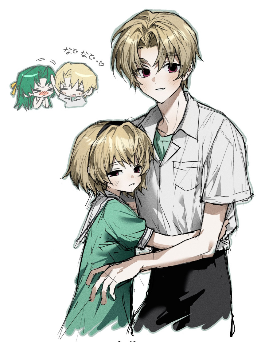 1boy, 2girls, black_hairband, black_pants, blonde_hair, blush, dress, green_dress