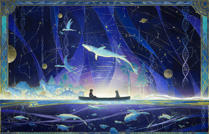 1boy, 1girl, aldo_(another_eden), anomalocaris, another_eden, another_eden_art_team, arthropod, boat, border, bug, constellation, dinosaur, dna, dolphin, double_helix, dragonfly, evolution, fish, highres, moon, official_art, ornate_border, partially_underwater_shot, planet, planetary_ring, prehistoric_animal, pterosaur, silhouette, sky, spinosaurus, star_(sky), star_(symbol), star_trail, starry_sky, stegosaurus, tree, turtle, tyrannosaurus_rex, water, watercraft, woolly_mammoth