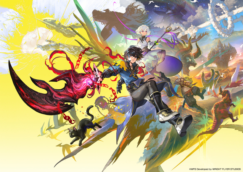 aircraft, airship, aldo_(another_eden), another_eden, black_eyes, black_hair, broken, broken_chain, castle, cat, chain, clouds, commentary_request, cover, cyrus_(another_eden), dinosaur, feinne_(another_eden), frog_boy, galliard_(another_eden), guildna_(another_eden), highres, holding, holding_staff, holding_sword, holding_weapon, hourglass, katana, mechanical_arms, official_alternate_design, official_art, polearm, red_eyes, shinwoo_choi, short_hair, single_mechanical_arm, spear, staff, star_(sky), sword, varuo_(another_eden), video_game_cover, weapon, white_hair, wings