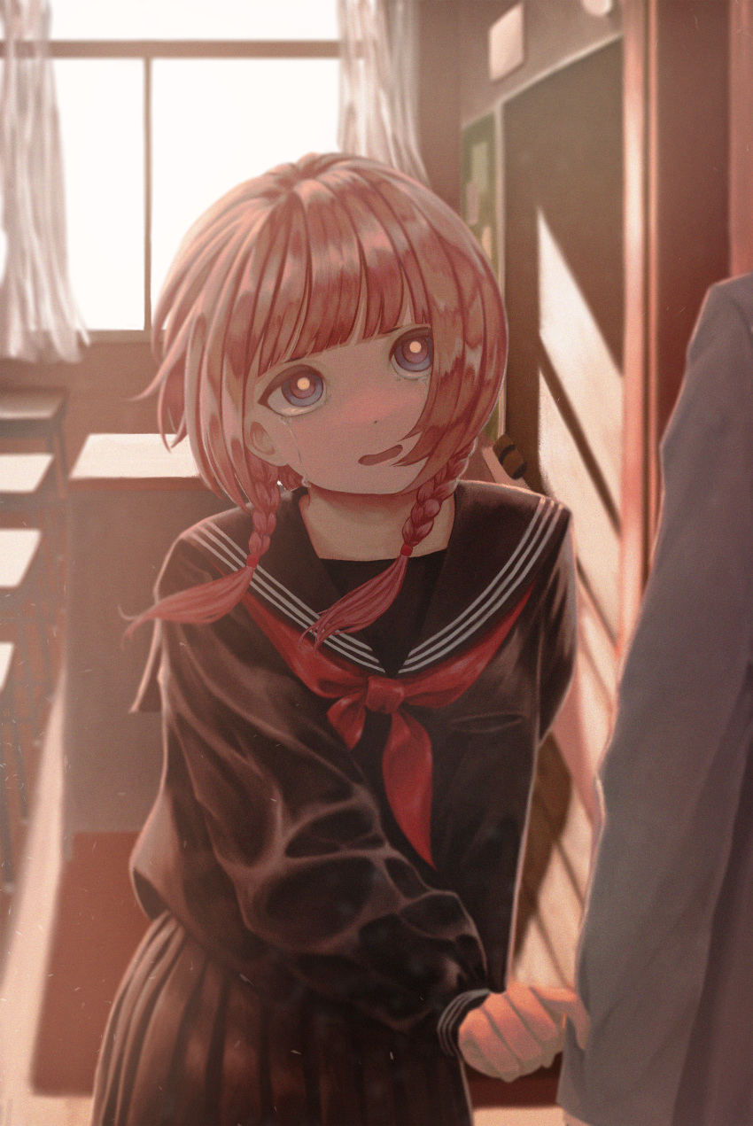 1boy, 1girl, absurdres, black_serafuku, blue_eyes, braid, classroom, clothes_tug, commentary_request, crying, crying_with_eyes_open, highres, kaf_(kamitsubaki_studio), kamitsubaki_studio, looking_at_another, low_twin_braids, mintsora_dayo, pink_hair, school_uniform, serafuku, skirt, solo_focus, soutaisei_riron_(band), teacher_and_student, tears, twilight, twin_braids, yellow_pupils