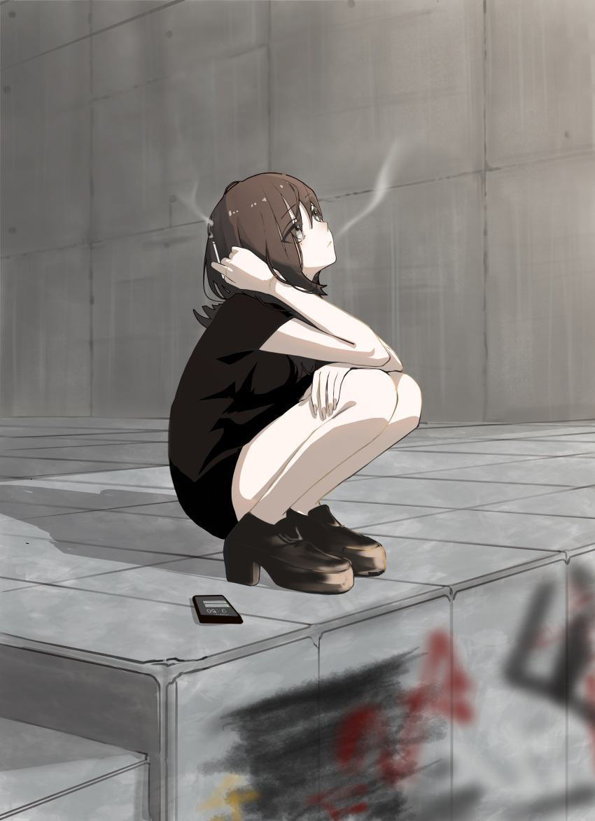 1girl, absurdres, bare_arms, bare_legs, black_shorts, cellphone, chapoke, cigarette