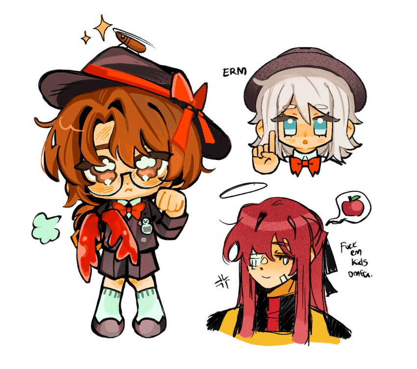 1boy, 2girls, ackchyually_(meme), apple, black_hat, black_jacket, black_shoes, black_shorts