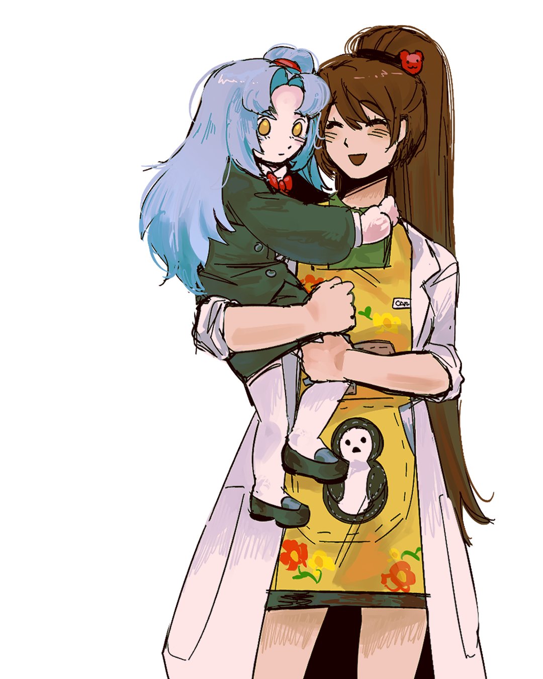 2girls, aged_down, angela_(project_moon), apron, black_jacket, black_skirt, blush, bow