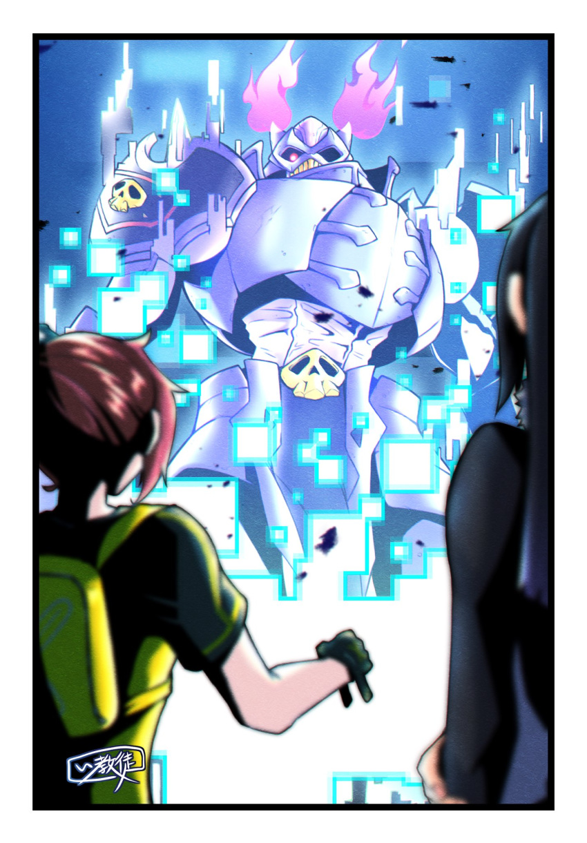 2girls, aiba_ami, armor, black_hair, commentary_request, craniummon, digimon, digimon_(creature)