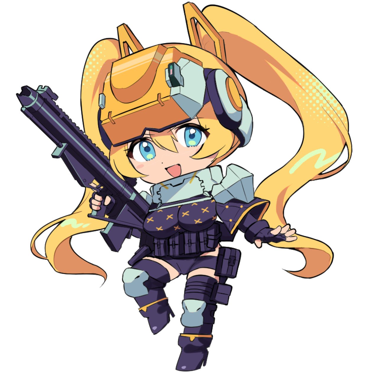 1girl, ame_arare, armor, assault_rifle, blonde_hair, blue_eyes, character_request, chibi