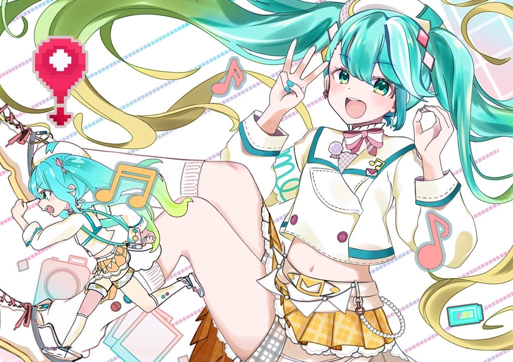 antenna_39_(vocaloid), commentary_request, full_body, garter_straps, green_eyes, green_hair, hatsune_miku, magical_mirai_(vocaloid)