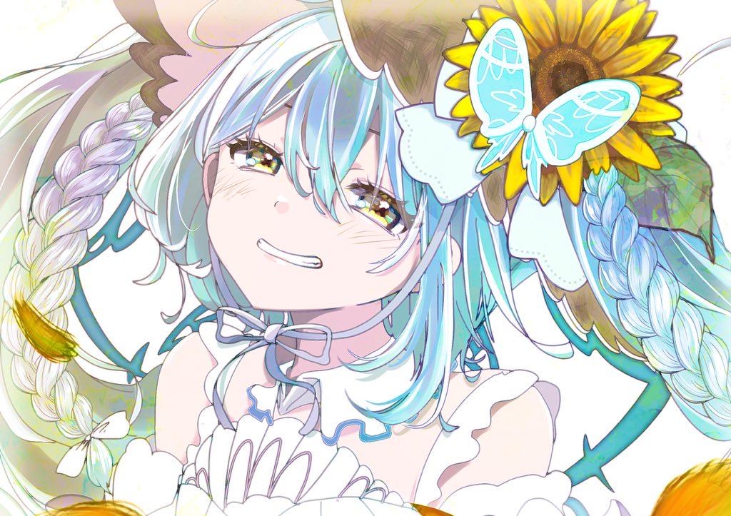 blush, braid, butterfly_hair_ornament, commentary_request, detached_collar, dress, flower, hair_ornament, hatsune_miku, magical_mirai_(vocaloid), magical_mirai_miku, magical_mirai_miku_(2026), miku_day, pitoko018, simple_background, smile, sunflower, teeth, twin_braids, twintails, vocaloid, white_background, white_dress, yellow_eyes