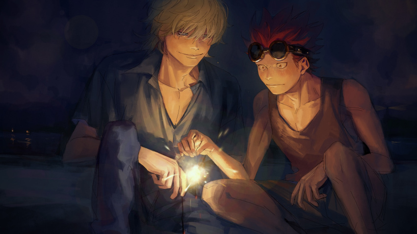 2boys, absurdres, blonde_hair, blue_shirt, closed_mouth, collarbone, commentary_request, denisefanta