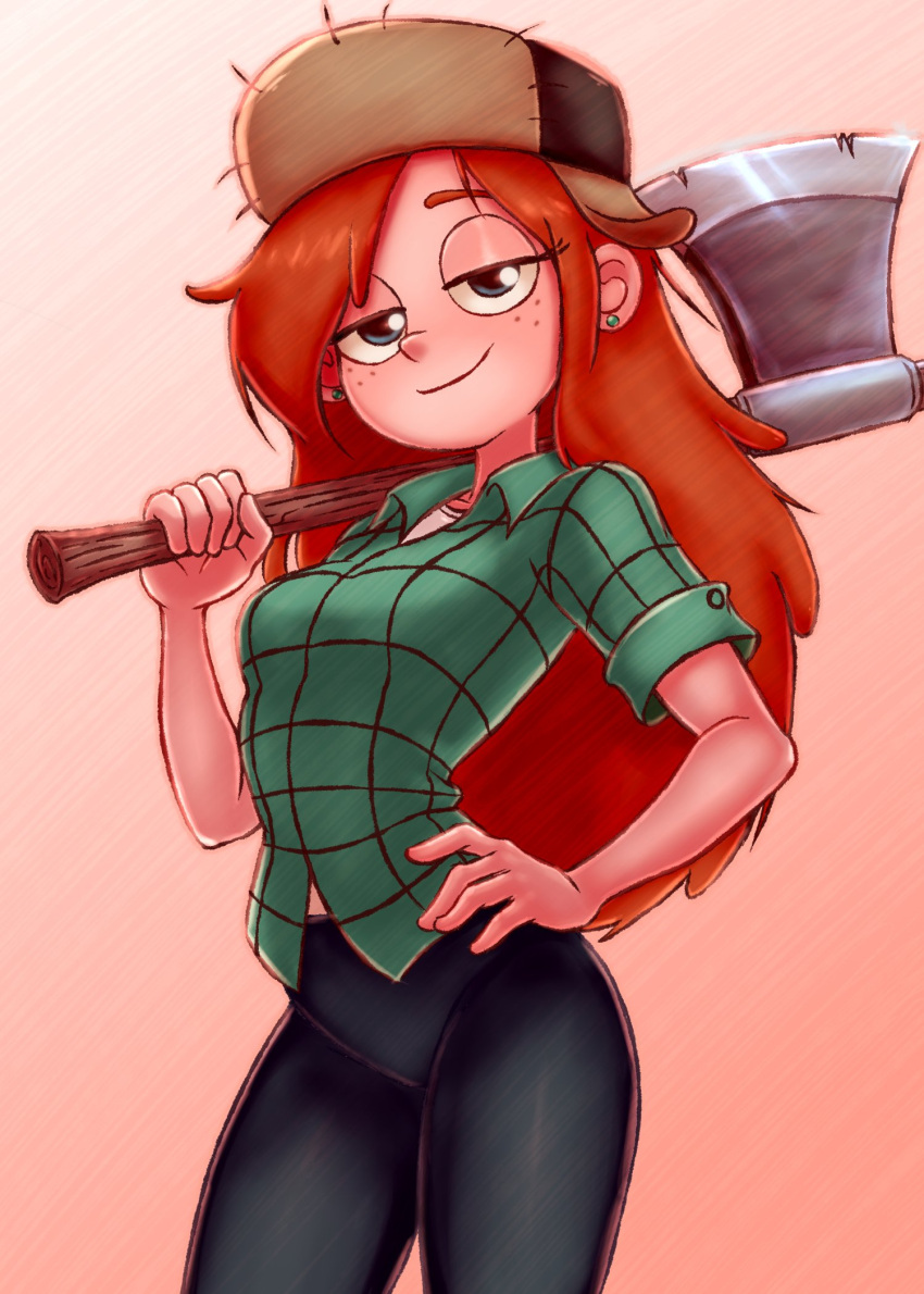1girl, arched_back, axe, black_pants, breasts, closed_mouth, commentary, earrings