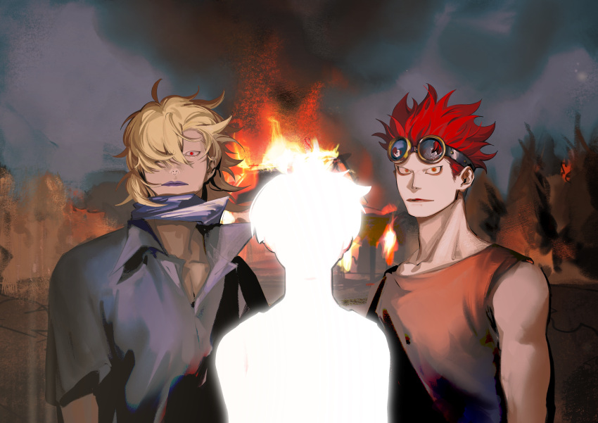 3boys, absurdres, black_shirt, blonde_hair, broken_goggles, burning, closed_mouth, commentary_request