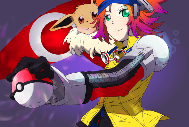 1boy, eevee, goggles, green_eyes, headgear, holding, holding_poke_ball, poke_ball
