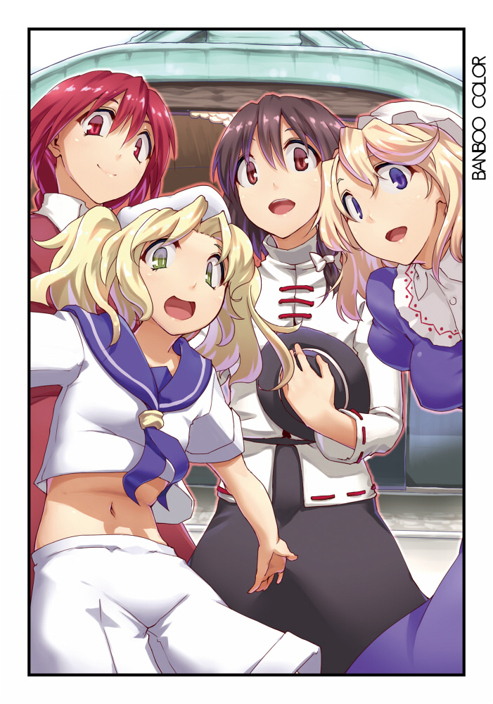 aya_shachou, blonde_hair, blue_eyes, bow, brown_eyes, brown_hair, capelet, hat, hat_removed, headwear_removed, kitashirakawa_chiyuri, long_hair, maribel_hearn, midriff, multiple_girls, okazaki_yumemi, open_mouth, red_eyes, red_hair, redhead, sailor, sailor_hat, short_hair, smile, touhou, touhou_(pc-98), twintails, usami_renko, yellow_eyes