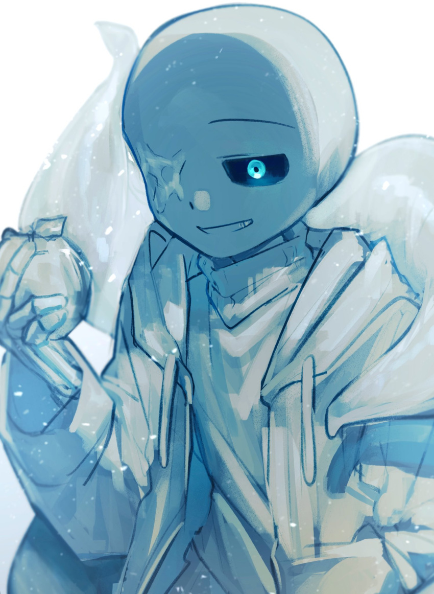 1boy, :d, alternate_universe, apple, backlighting, black_sclera, blue_eyes, colored_sclera
