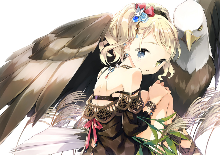 animal, bird, blonde_hair, blue_eyes, bracelet, cross-laced_footwear, eagle, earrings