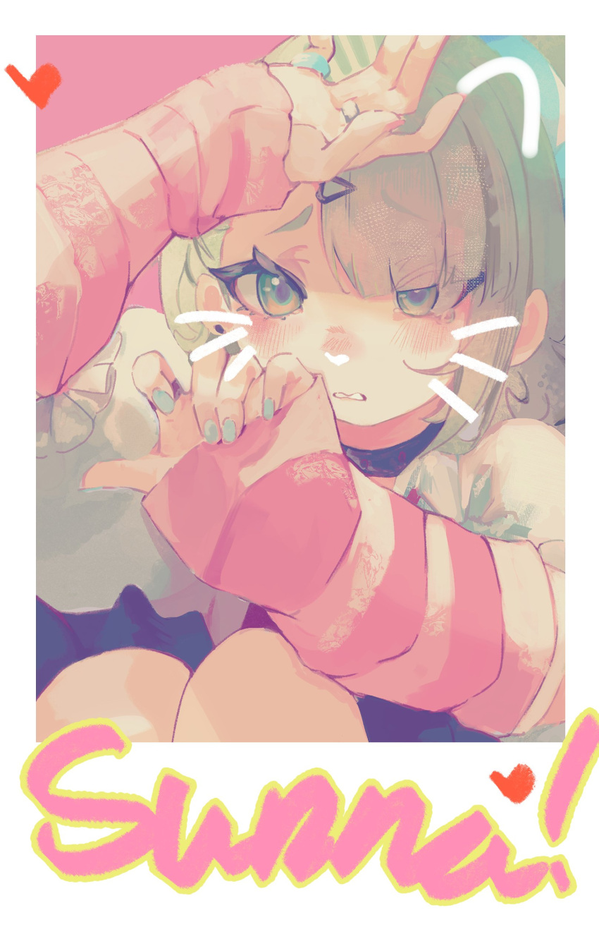 1girl, absurdres, aqua_nails, arm_warmers, black_skirt, blush, border, character_name, commentary, drawn_ears, drawn_whiskers, green_eyes, green_hair, hair_ornament, heart, heart_hair_ornament, highres, knees_up, mika_otz, parted_lips, pink_arm_warmers, pink_background, shirt, skirt, solo, striped_arm_warmers, sunna_(zenless_zone_zero), tearing_up, untranslatable_commentary, white_border, white_shirt, zenless_zone_zero