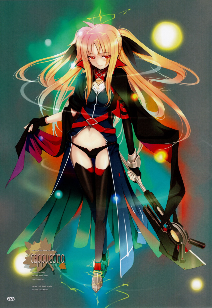 ahoge, bardiche, belt, black_legwear, black_panties, blonde_hair, blush, bow, cape, dress, fate_testarossa, fingerless_gloves, gloves, glowing, hair_bow, highres, legs, long_hair, lyrical_nanoha, magic, magical_girl, mahou_shoujo_lyrical_nanoha, mikazuki_akira!, navel, panties, red_eyes, scythe, smile, solo, standing, strap, thigh-highs, thighhighs, underwear, very_long_hair, weapon