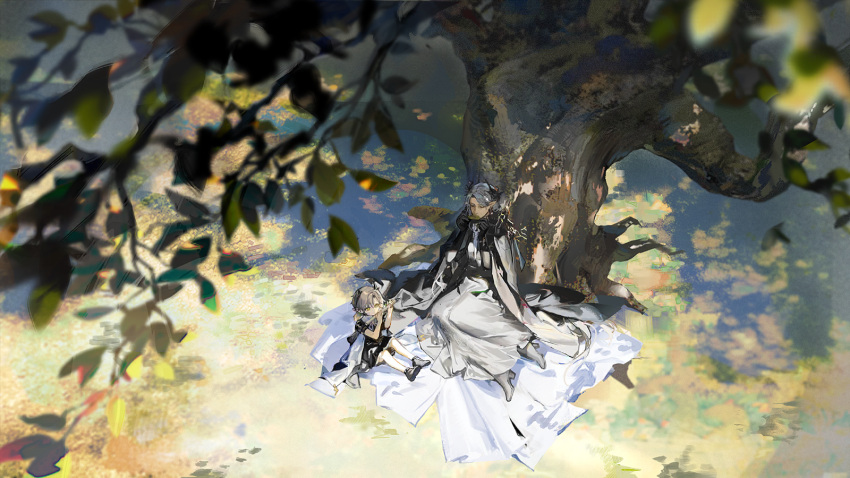 2girls, aged_down, arknights, artist_request, black_cape, black_horns, black_shoes, cape