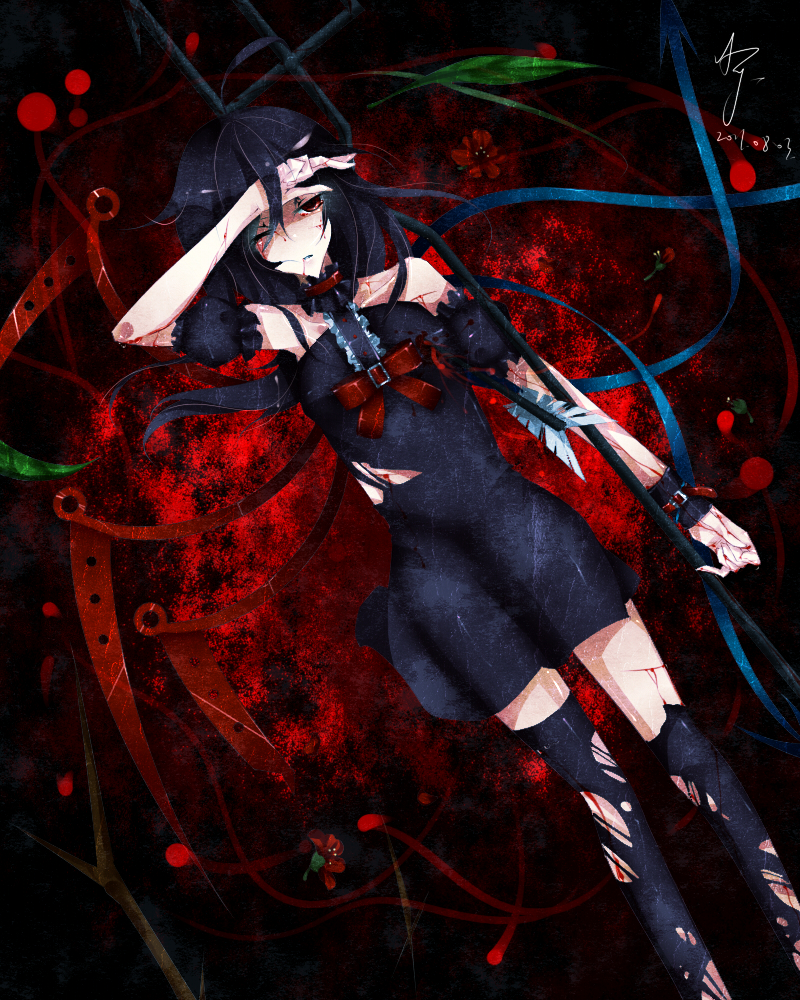 1girl, arrow, asymmetrical_wings, aymmogh, bad_id, black_hair, black_legwear, blood