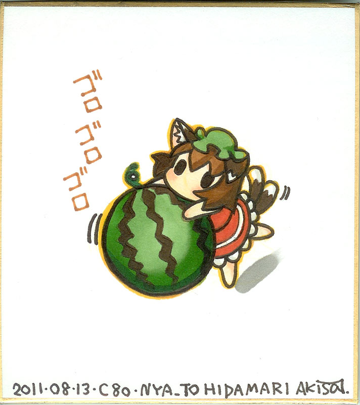 animal_ears, bad_id, brown_hair, cat_ears, cat_tail, chen, chibi, food, fruit, hat, holding, holding_fruit, marker_(medium), multiple_tails, shikishi, short_hair, simple_background, solo, tail, takamoto_akisa, touhou, traditional_media, watermelon
