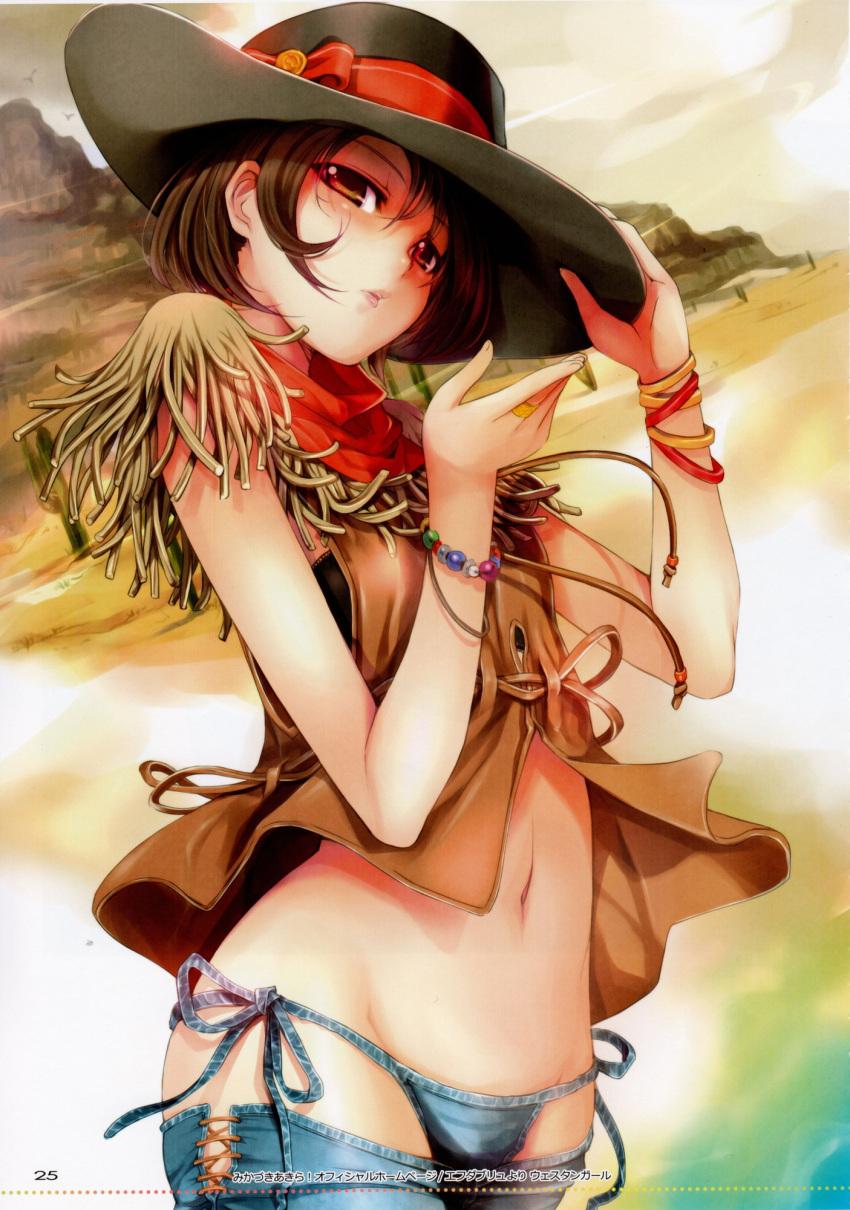 brown_eyes, brown_hair, cowboy_hat, hand_on_hat, hat, highres, jewelry, midriff, mikazuki_akira!, mound_of_venus, navel, original, panties, scarf, short_hair, side-tie_panties, solo, underwear, western
