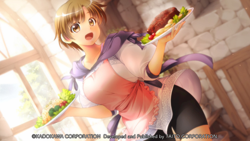 1girl, :d, apron, atelier-moo, backlighting, bike_shorts, black_shorts, blue_ribbon