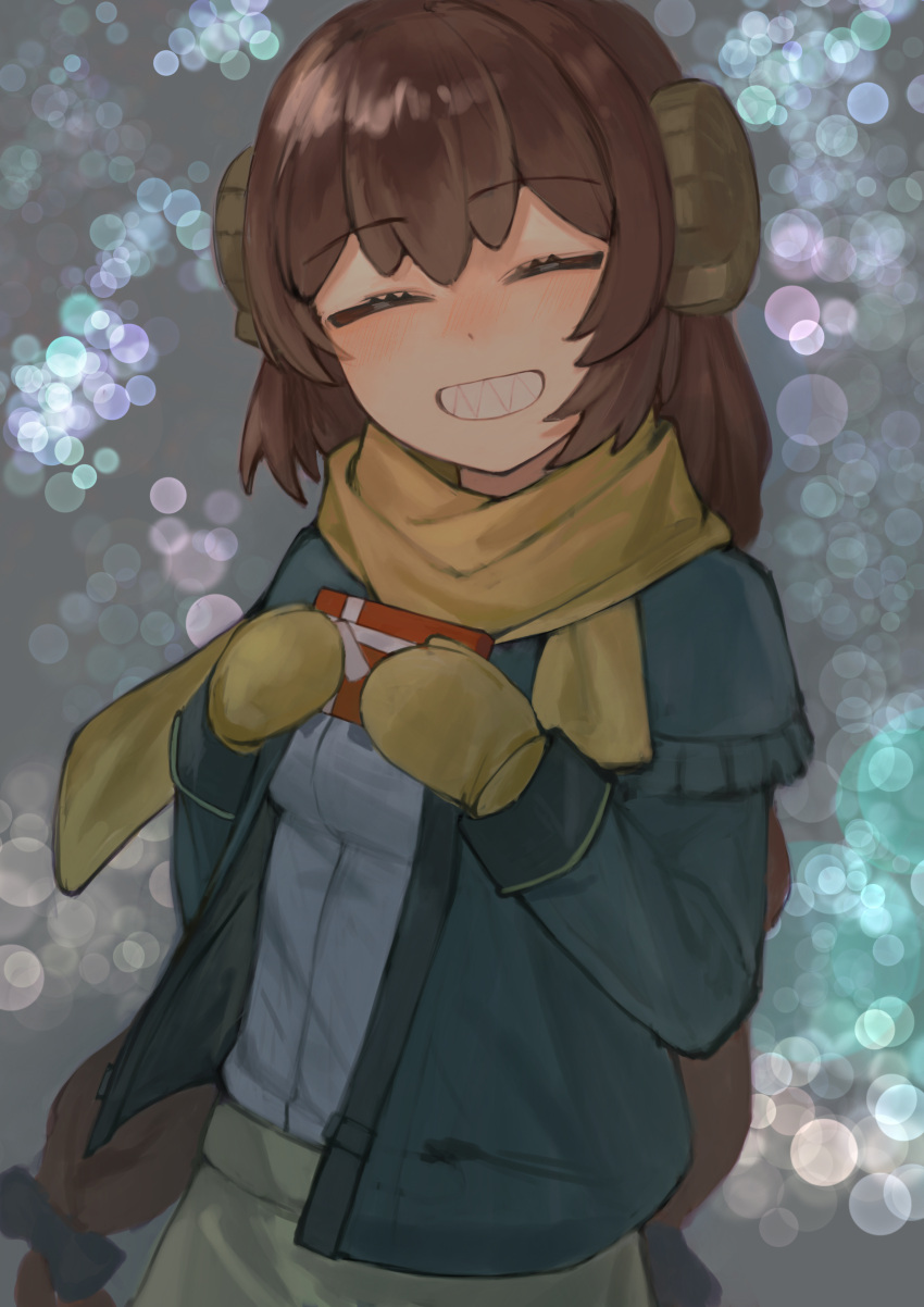 1girl, absurdres, ammonite_hair_ornament, blush, braid, brown_hair, closed_eyes, commentary_request, fate/grand_order, fate_(series), fossil, fossil_hair_ornament, gift, green_jacket, green_skirt, highres, holding, holding_gift, jacket, long_braid, long_hair, mary_anning_(fate), mittens, oh_tohu, scarf, sharp_teeth, skirt, solo, teeth, yellow_mittens, yellow_scarf