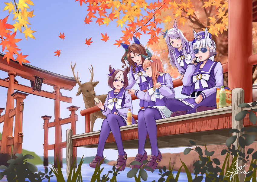 5girls, absurdres, animal_ears, aqua_bow, autumn_leaves, blue_eyes, blunt_bangs, blush