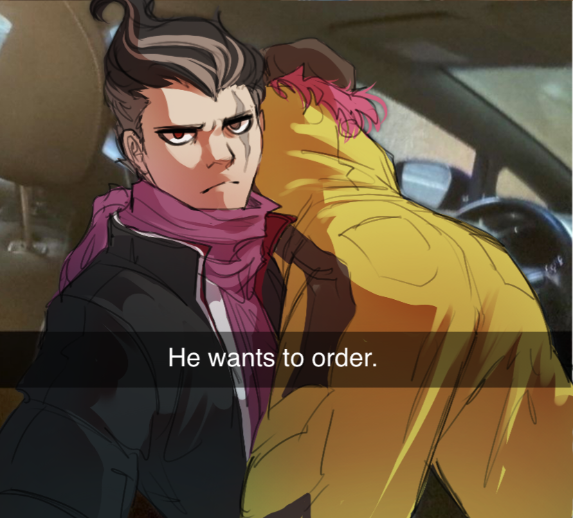 2boys, ass, black_hair, black_hat, black_jacket, car_interior, closed_mouth, danganronpa_(series)