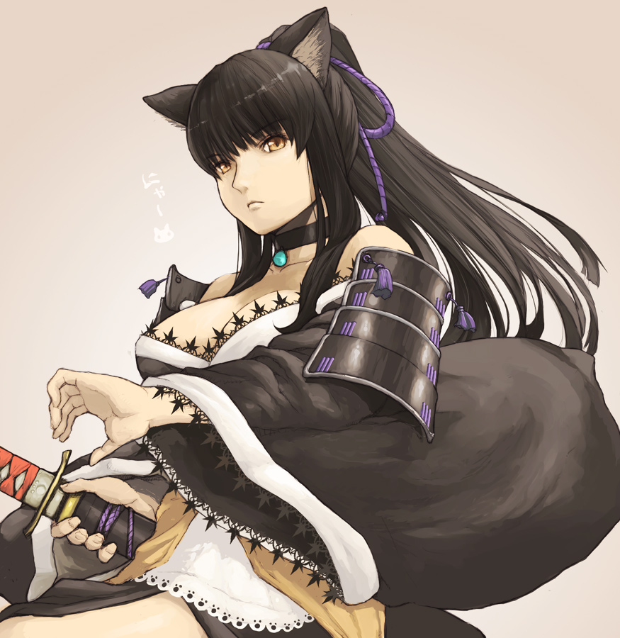 armor, bare_shoulders, breasts, cat_ears, choker, cleavage, entaku_no_seito, gradient
