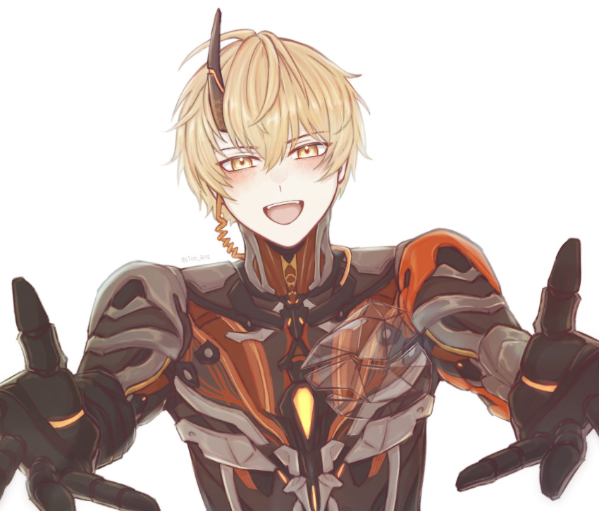 1boy, :d, artist_name, blonde_hair, commentary_request, highres, hug_invitation, kamui:_aeternion_(pgr)