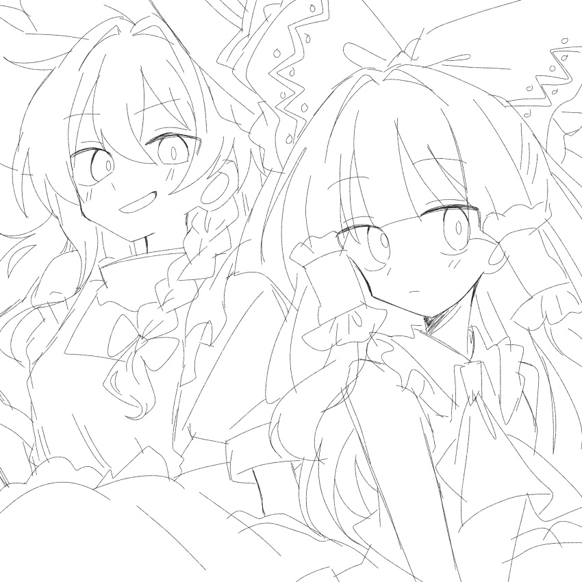 2girls, apron, ascot, bare_arms, bare_shoulders, blunt_bangs, bow, braid, breasts, collared_shirt, commentary, frilled_apron, frilled_bow, frilled_hair_tubes, frilled_shirt_collar, frills, grin, hair_between_eyes, hair_bow, hair_tubes, hakurei_reimu, hat, highres, kirisame_marisa, long_hair, looking_at_viewer, luka_ruka, multiple_girls, no_detached_sleeves, puffy_short_sleeves, puffy_sleeves, shirt, short_sleeves, simple_background, single_braid, sketch, sleeveless, sleeveless_shirt, small_breasts, smile, touhou, vest, waist_apron, white_background, witch_hat