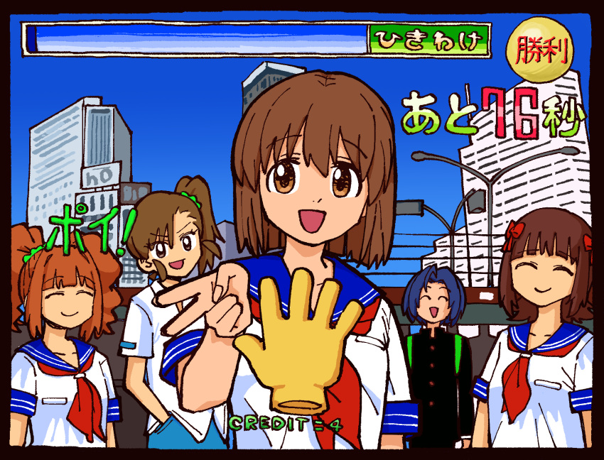 ^_^, amami_haruka, blue_hair, brown_hair, closed_eyes, hagiwara_yukiho, hair_ribbon, highres