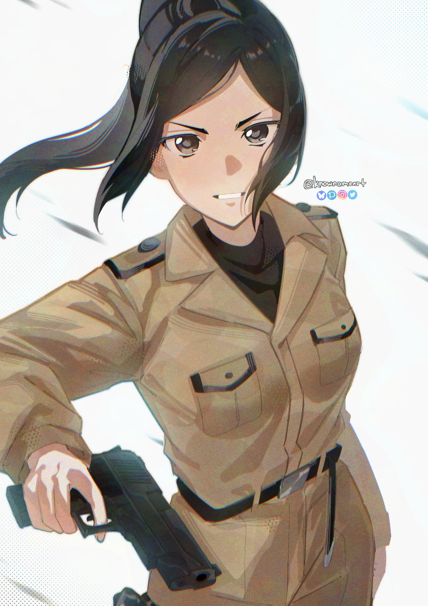 1girl, 86_-eightysix-, absurdres, belt, bilingual_commentary, black_belt, black_eyes, black_hair