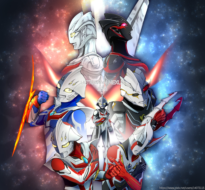 1girl, 4boys, absurdres, alien, arm_blade, armor, black_eyes, black_skin