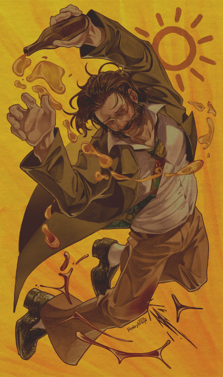 1boy, absurdres, alcohol, arms_up, blazer, bottle, brown_hair, closed_eyes