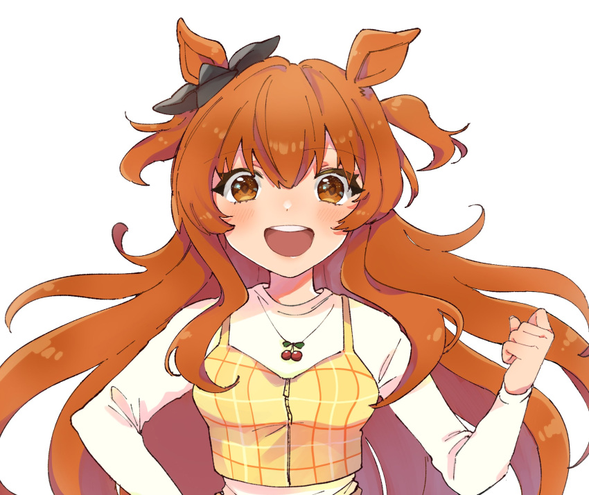 1girl, :d, animal_ears, blush, cherry_necklace, commentary_request, hair_between_eyes, hand_up, highres, horse_ears, horse_girl, jewelry, long_hair, long_sleeves, mayano_top_gun_(umamusume), necklace, notamaru_2, open_mouth, orange_eyes, orange_hair, shirt, simple_background, smile, solo, two_side_up, umamusume, upper_body, white_background, white_shirt