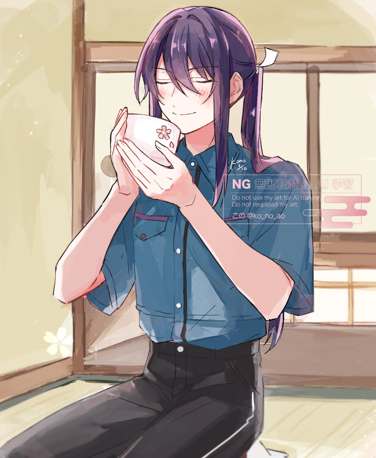 1boy, black_pants, blue_shirt, blush, closed_eyes, closed_mouth, commentary, cup