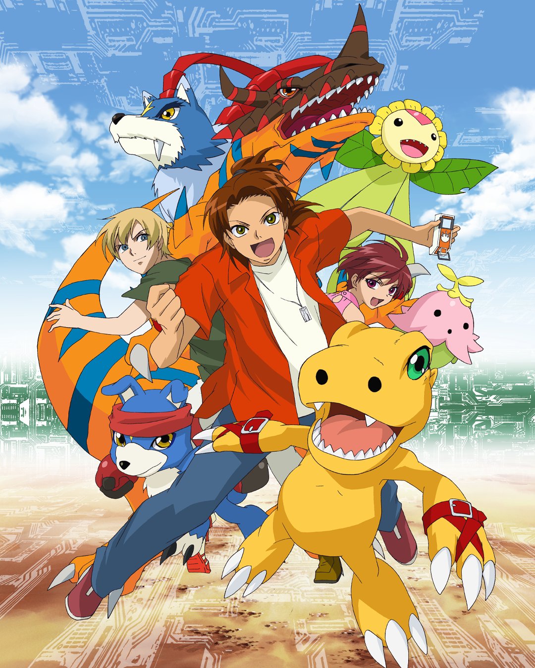 1girl, 2boys, agumon_(digimon_savers), blonde_hair, blue_eyes, blue_pants, brown_eyes, brown_hair