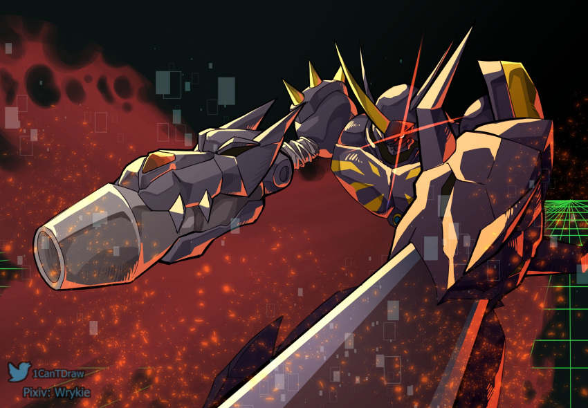 arm_blade, arm_cannon, armor, asymmetrical_dual_wielding, black_armor, black_background, cape, cowboy_shot, digimon, digimon_(creature), dual_wielding, glowing, glowing_eye, highres, holding, horns, omegamon_zwart, red_cape, red_eyes, richard_park, solo, weapon