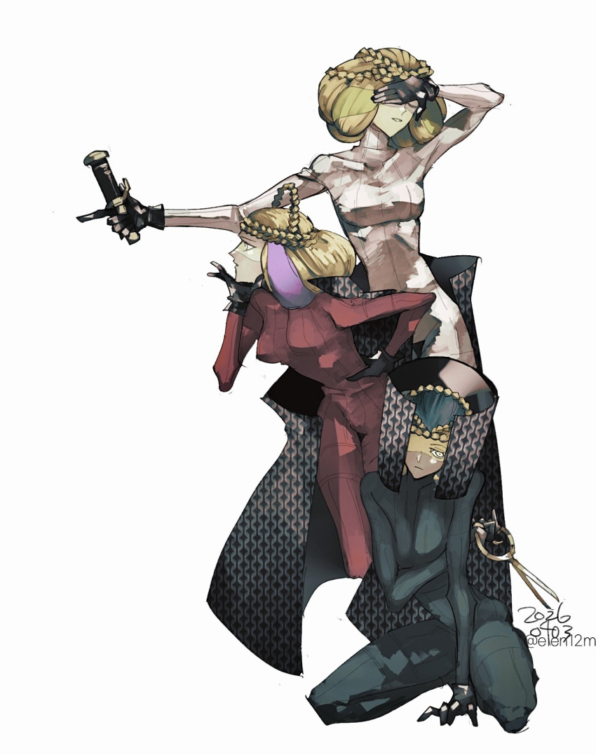 3girls, atropos_(megami_tensei), black_bodysuit, black_gloves, blonde_hair, blue_hair, bodysuit, braid