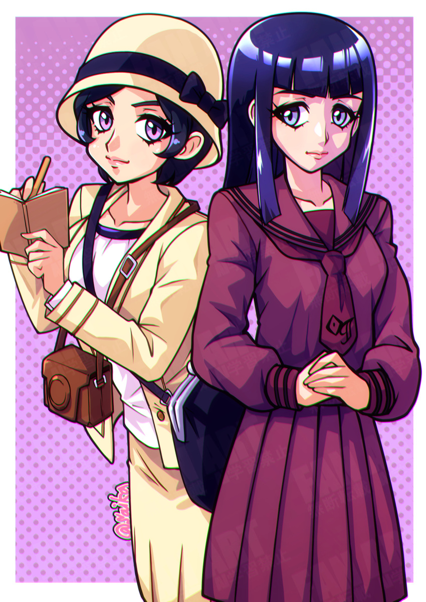 1920s_fashion, 2girls, artist_name, asakura_tae, black_hair, blue_eyes, blue_hair, border