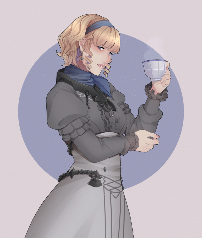 1girl, blue_hairband, colored_inner_hair, constance_von_nuvelle, cup, dress, drill_hair, drill_sidelocks