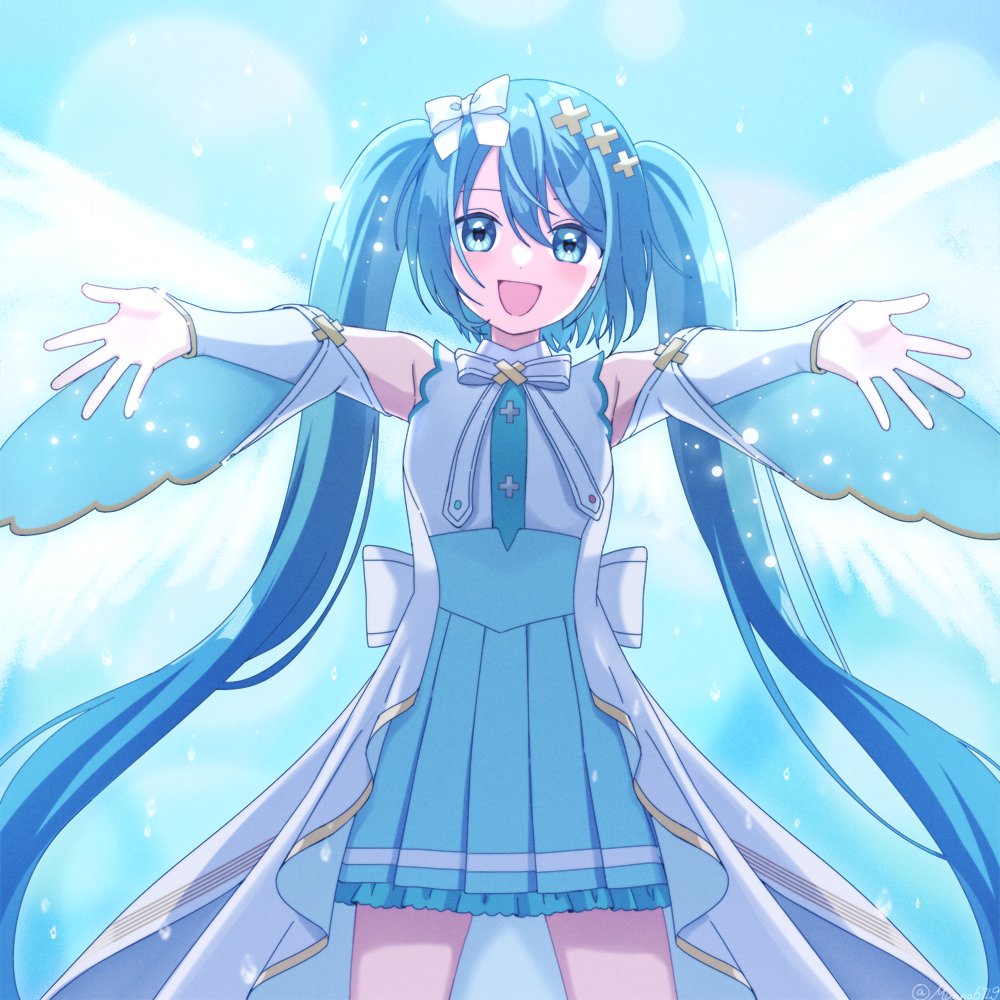 1girl, aqua_eyes, aqua_hair, aqua_necktie, aqua_skirt, blush, bow, breasts, commentary_request, detached_sleeves, gold_trim, hair_between_eyes, hair_bow, hair_ornament, hatsune_miku, hiramado_miku, kowareta_sekai_to_utaenai_miku, long_hair, long_sleeves, looking_at_viewer, munna67l9, necktie, official_alternate_costume, official_alternate_hairstyle, open_mouth, outstretched_arm, pleated_skirt, project_sekai, skirt, smile, solo, spoilers, twintails, upper_body, very_long_hair, vocaloid, x_hair_ornament