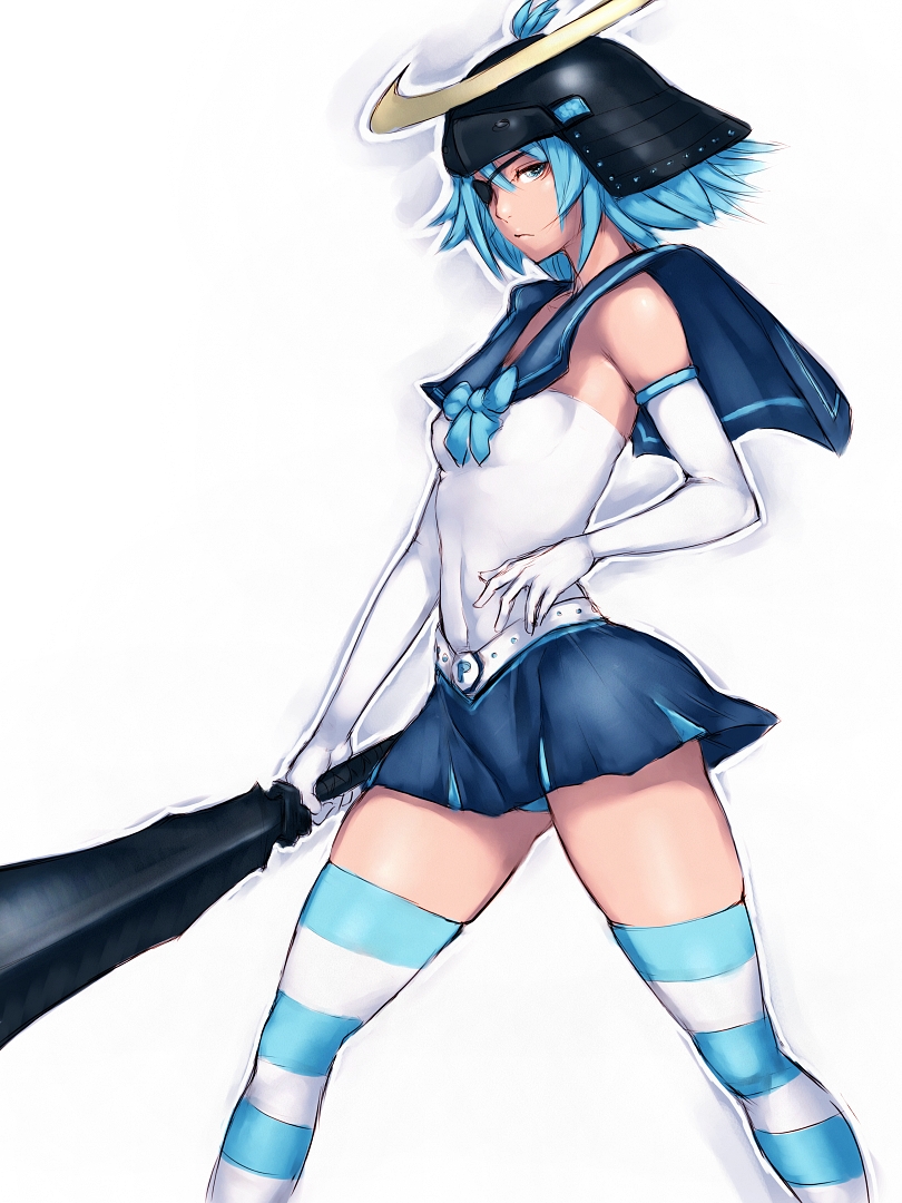 blue_hair, elbow_gloves, eyepatch, fumio_(rsqkr), gloves, helmet, humio, kabuto