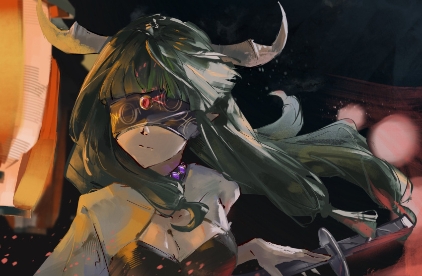 1girl, black_choker, blindfold, blindfold_mask, braid, choker, closed_mouth, commentary_request