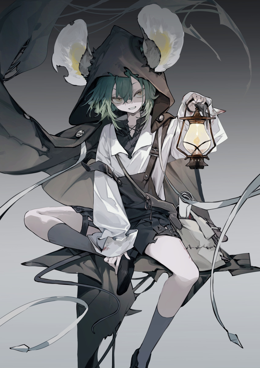 1girl, absurdres, animal_ears, bag, black_shoes, brown_eyes, brown_hood, bukurote, commentary_request, green_hair, grey_background, grey_socks, grin, hair_between_eyes, hand_up, highres, holding, holding_lantern, hood, hood_up, jenkins_(morimens), kneehighs, lantern, long_hair, long_sleeves, looking_at_viewer, morimens, mouse_ears, rolled-up_paper, shirt, shoes, simple_background, smile, socks, solo, white_shirt